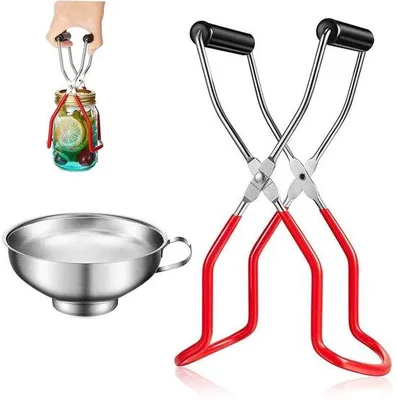Productafbeelding van Ibenzoa® roestvrijstalen inmaakset met antislip vinylhandgrepen – inclusief 22 cm glashouder en trechter 10,3x4x3 cm, rood, voor een veilige grip bij het hanteren van hete glazen en potten
