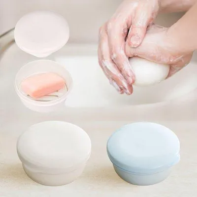 Produktbild von Kunststof zeepschaal set met drooglager, blauw en wit, reisbaar, set van 2 runde Seifenbecher
