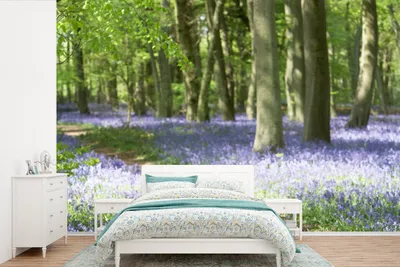 Produktbild von MuchoWow® Fototapete für Wohnzimmer oder Schlafzimmer Wandtapete Vinyl Motivtapete Wald - Weg - Blumen - Lila - Grün - Natur - 525x350 cm - Das Hintergrundbild