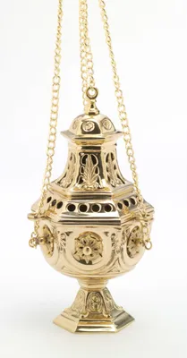 Produktbild von Weihrauchfass mit Kette zum Hängen aus Messing Gold poliert Höhe 27 cm mit Innenschale aus Stahl für die Räucherkohle