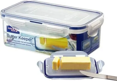 A LocknLock butter keeper container with a butter stick inside is shown, with the container lid open.