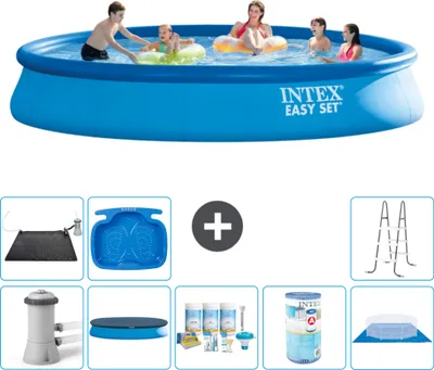 Produktbild von Intex runder aufblasbarer Easy Set-Schwimmpool – 457 x 84 cm – Blau – inklusive Pumpe Abdeckung - Wartungspaket - Filter - Bodenplane - Solarmatte - Leiter