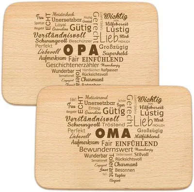 Produktbild von Geschenkset aus Holz für Großeltern | Set mit 2 Frühstückstischen mit Motiv "Wortherz Oma und Opa" | Ideal als Geschenk für Großeltern