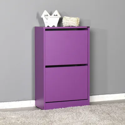 A purple shoe cabinet against a gray wall and on a light-colored rug.