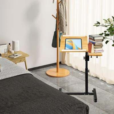 Image de Table d'appoint réglable en hauteur, montée sur roulettes, dimensions 70 x 44 x 95 cm, finition bois
