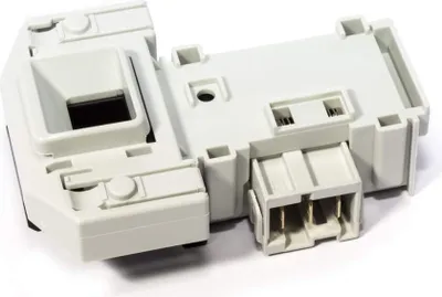 A white washing machine door lock mechanism with electrical connectors.