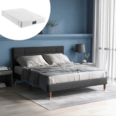 Obrázek produktu pro Čalouněná postel 140 x 200 cm včetně matrace a roštu, šedá lněná postel s čelem, 7zónová matrace s taštičkovými pružinami H3, úložný prostor