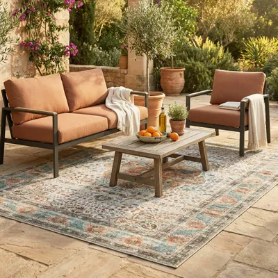 Produktbild von Volero - Outdoor Teppich Vintage - Kairo Medaillon Creme Bunt - 200x290 cm - Wohnzimmer, Esszimmer, Balkon, Garten, Terrasse - Retro
