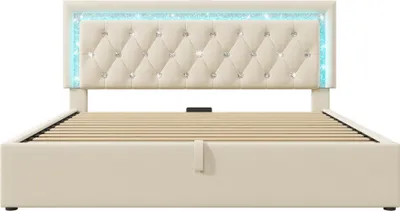Image de Lit double rembourré - 160 x 200 cm, beige, revêtement en velours - Bande LED en forme de diamant - Rangement hydraulique - Port de recharge USB-C (sans matelas)