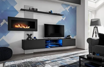 Immagine prodotto di Parete attrezzata nera con camino soggiorno di design mobile moderno porta TV