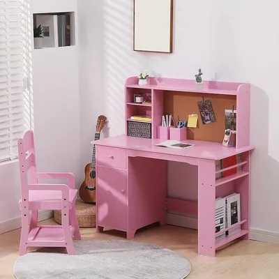Imagen del producto de Conjunto de escritorio infantil, escritorio para niños con estantería, cajón y espacio de almacenamiento, escritorio juvenil, escritorio para estudiantes con silla ajustable en altura, escritorio de madera para niños, 82x46x102 cm, color rosa