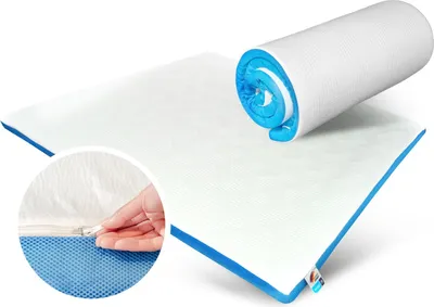 A rolled-up mattress topper is shown on top of an unrolled mattress topper, with a close-up inset showing a hand zipping the cover.