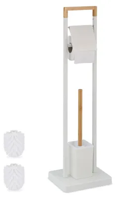 Produktbild von Toilettenpapierhalter Toilettenbürste Klobürste - Edelstahl und Bambus - Weiß und Natur - Freistehend - Für Bad und WC