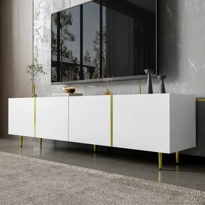 Obrázok produktu pre Fortuna Lai lesklá TV skrinka so 4 dvierkami, moderná a elegantná, biela, 170 x 35 x 46 cm