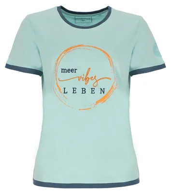 Produktbild von Wattlöper Damen T-Shirt mit Schriftzug-Stickerei Meer-Vibes-Leben - Kurzarm-Shirt mit Rundhalsausschnitt in Hellblau Größe L