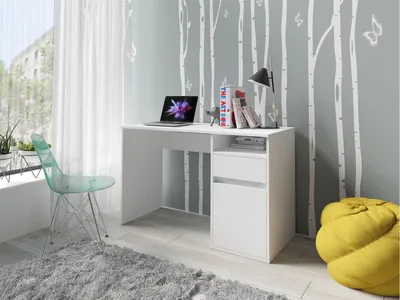 A white desk with a laptop, books, and a lamp is set up in a room with a decorative wall mural of trees and butterflies. A transparent chair and a yellow pouf are also visible.