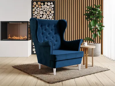 Produktbild von Sessel aus velours mit holzbeine Falco III, Ohrensessel mit Steppung, Knöpfe, Wellenfedern (Stoff: kronos 09 - marineblau, Beinefarbe: Buche)