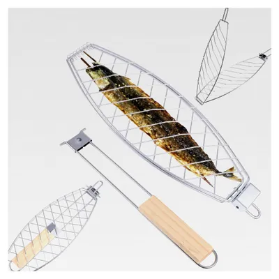 Produktbild von Fischgrillkorb, faltbarer Korb aus Eisen mit Holzgriff, antihaftbeschichteter Grillrost, Kochutensilien für den Außenbereich, geeignet für das Fischgrillen