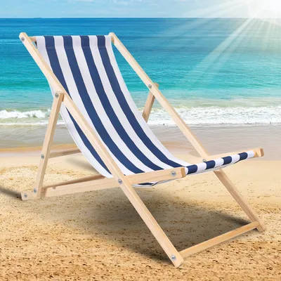 Produktbild von Liegestuhl Strandliegestuhl Holz Klappbar Stuhl Holzliege klappliege Stoff Blau weiß