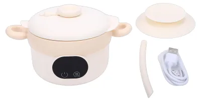 Image de Boîte à déjeuner électrique en acier inoxydable 304, isolée, sans fil, pour réchauffer les aliments, avec un bol de 470 ml de grande capacité, ne nécessitant pas d'eau. Couleur : crème