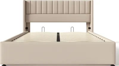 Produktbild von Flieks Polsterbett 160x200cm, Hydraulisches Boxspringbett mit Lattenrost, Stauraumbett Doppelbett Massivholzbett, Leinenstoff, Beige