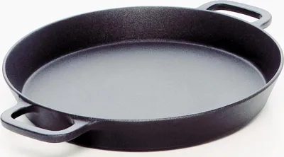 A black cast iron pan with two handles on a white background.