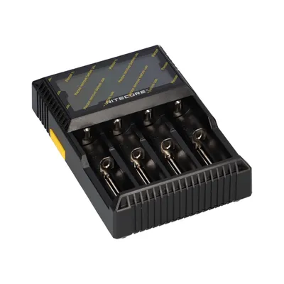 A Nitecore D4 battery charger with four battery slots is shown against a white background.