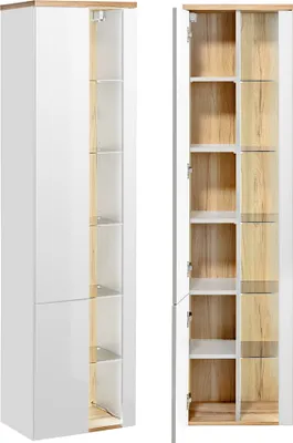 Produktbild von Badezimmer Hochschrank mit LED-Beleuchtung BERMUDA-56 in weiß Hochglanz mit Wotaneiche B/H/T 45/170/33cm