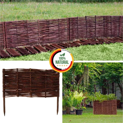 A collage of images showing a woven willow garden border fence, with a close-up of the product and a lifestyle shot of it in a garden setting.