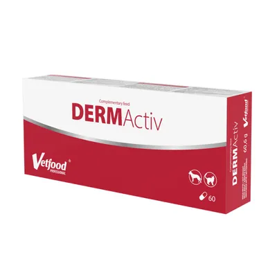Produktbild von Vetfood DERMActiv 60 Kapseln – Ergänzungsfuttermittel für Hunde und Katzen – mit Fischöl, Borretschöl, Zink, Biotin und Pflanzenextrakten