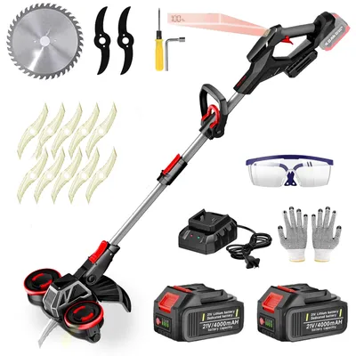 Produktbild von Akku Rasentrimmer mit 2× 4000mAh Akkus & Ladegerät, Bürstenloser Motor Rasentrimmer, Elektrischer Grasschneider mit 3 Klingen für Wege, Rasen