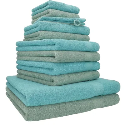 Produktbild von Betz 12-tlg. Handtuch-Set PREMIUM 2 Duschtücher 4 Handtücher 2 Gästetücher 2 Seiftücher 2 Waschhandschuhe Farbe: heugrün / ocean