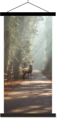 Produktbild von MuchoWow® Textilposter Hirsche - Wald - Sonnenstrahlen 90x180 cm mit schwarzem Rahmen - Dekoration Wohnzimmer