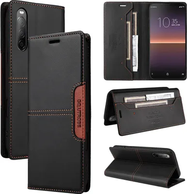 A collage of images showing a black leather flip wallet phone case for a Sony Xperia 10 II, with different angles and views of its features, including card slots and a stand function.