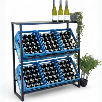 A metal shelf unit holding multiple blue crates filled with bottles, with three bottles on the top shelf.