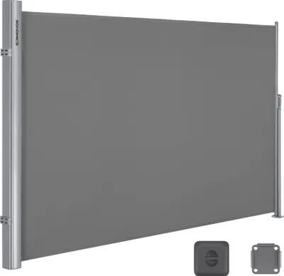 Produktbild von Songmics Seitenmarkise 180x400 cm, hellgrau, Polyester 280 g/m² PU-beschichtet, UPF 50+, Aluminiumrahmen, für Balkon & Terrasse, inkl. Bodenhalterung mit Schutzkappe, 11,3 kg, ASG184G03