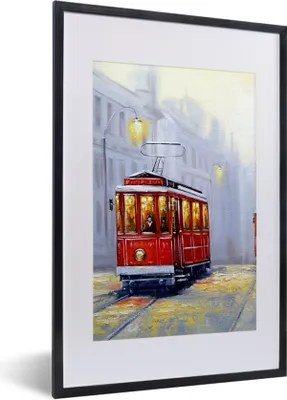 Produktbild von MuchoWow® Gerahmtes Poster Gemälde - Straßenbahn - Stadt - Öl 40x60 cm - Poster mit Schwarzem Bilderrahmen Wandposter Rahmen Foto Bilder - Poster in Rahmen
