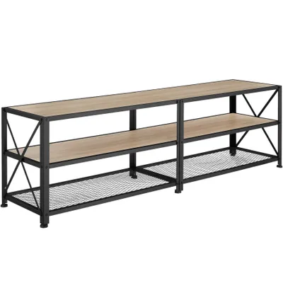 A long, multi-shelf media console with a wood-grain top and shelves, supported by a black metal frame.