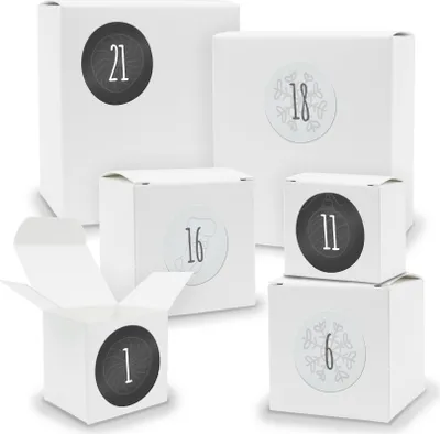 Produktbild von Adventskalender zum Füllen 24x Quader Würfel gemischt WEISS + Sticker (V01 Z13)