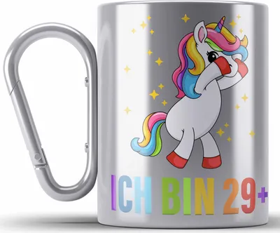 Produktbild von TRENDATION Ich Bin 29+ Edelstahl Tasse Karabiner Becher Einhorn 30. Geburtstag Sprüche Geschenkidee Frauen Männer (Silber)