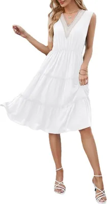 Produktbild von ASKSA Damen Sommerkleid Spitze V-Ausschnitt Ärmellos Strandkleider A-Linie Kleid Freizeitkleider Partykleid, Weiß, 2XL