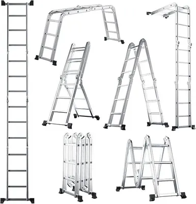 Imagen del producto de Escalera multiusos Silecomplaza, de aluminio, plegable, con una longitud máxima de 370,5 cm, ajustable. Escalera plegable de aluminio, escalera multifuncional, escalera de apoyo, escalera de andamio, con capacidad de carga de hasta 150 kg, color plateado