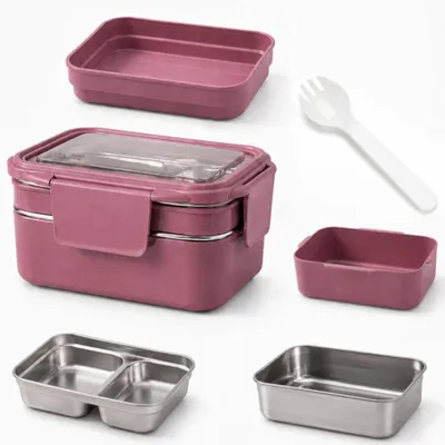 Produktbild von Lunchbox Edelstahl 1200 ml – 2-stöckige Bento Box mit 3 Fächern, Gabel - Rosa