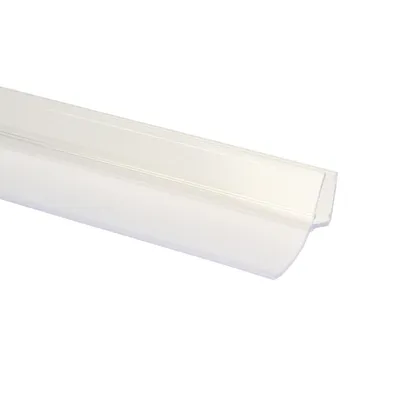 A clear product shot of a transparent plastic shower door seal on a white background.
