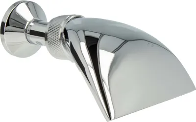 A chrome-plated shower head with a curved, wide spout, mounted on a wall fixture.