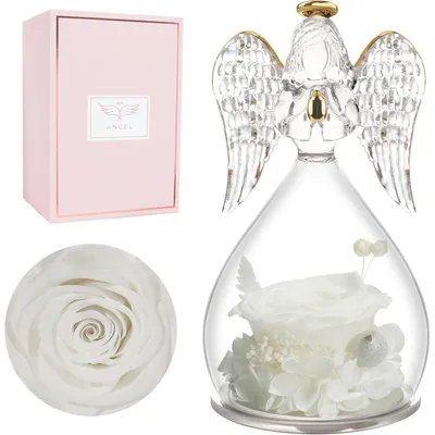Produktbild von Engel Figur mit Ewiger Rose in Glaskuppel, Geschenk für Frauen, Weiß