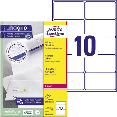 Zdjęcie produktu dla AVERY Zweckform L7173-100 1 000 etykiet adresowych AVERY Zweckform białych 99,1 x 57,0 mm