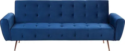 Produktbild von BELIANI 3-Sitzer Sofa Marineblau Samt Gesteppt mit Schlaffunktion Hohe Schlanke Metallfüße Breite Armlehnen Retro-Stil Schlafsofa Sofabett Wohnzimmer