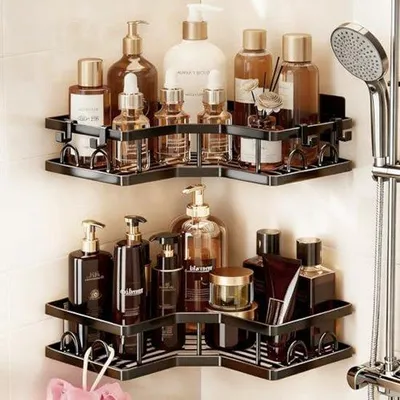 Produktbild von Ultiluxe Duschregal Eck - 2 Stück - Badezimmer Organizer - Duschablage - 22x22x5,3 cm - Ohne Bohren - 4 Haken - Edelstahl - Schwarz