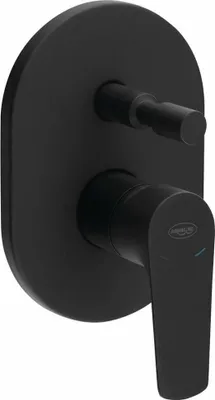 A black matte shower faucet with a lever handle and a separate control knob, mounted on a round escutcheon plate.